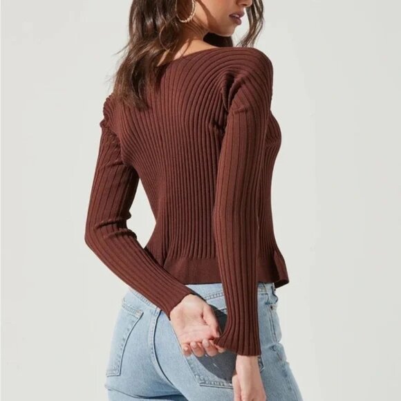 New! ASTR the Label Brown The Angelique Rib Knit Cardigan Top Small 2602 - Picture 4 of 12
